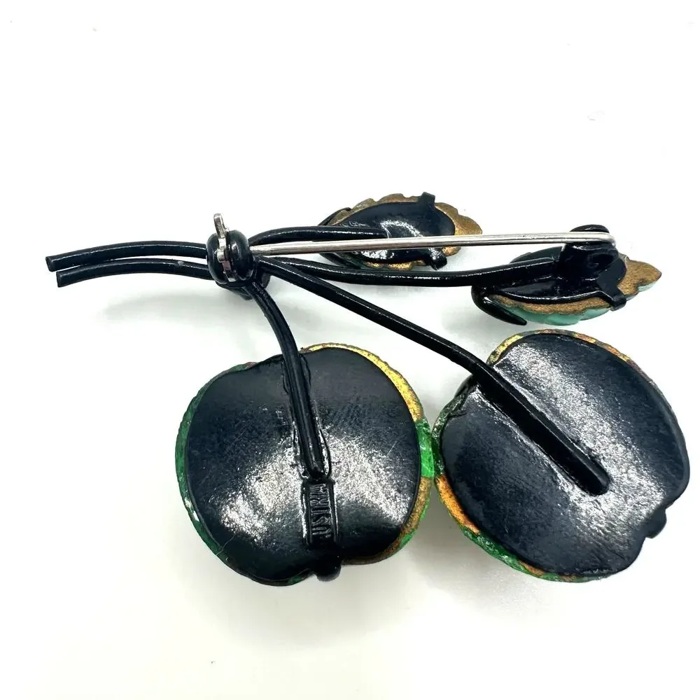 Vintage black japanned gunmetal green red fruits art glass leaves brooch